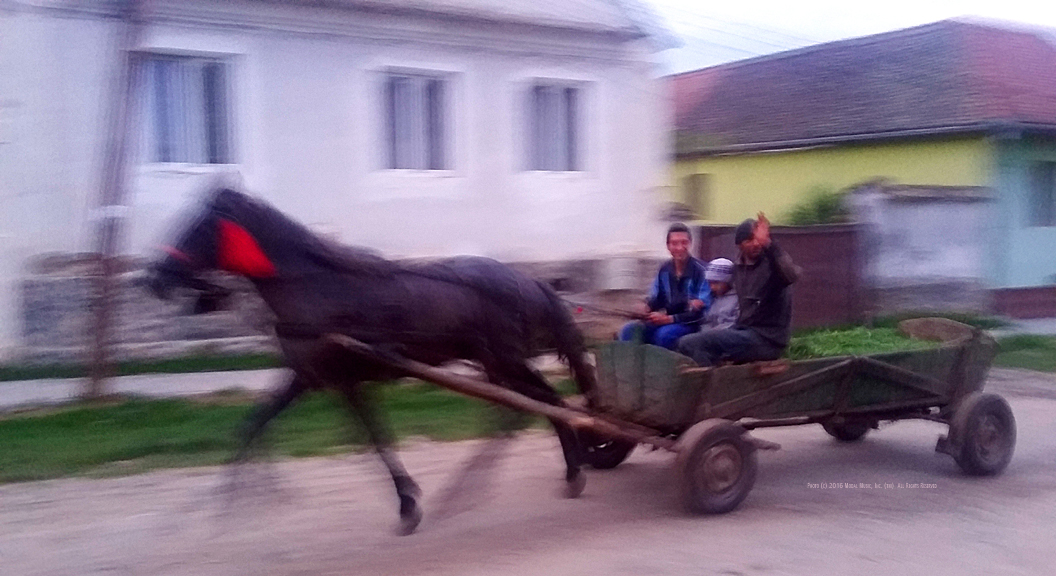 Image of horse cart with three people in Roşia, Romania